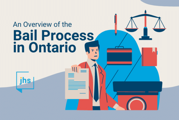 The words "An Overview of the Bail Process in Ontario" beside a man holding a letter in front of justice system logo