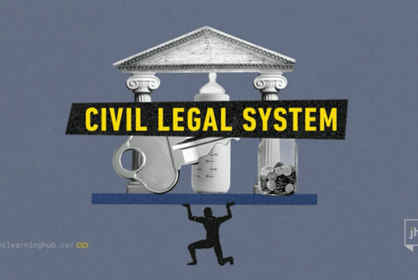 Icons of a key, baby bottle, and a jar of change in front of three pillars with the text “Civil Legal System” in front